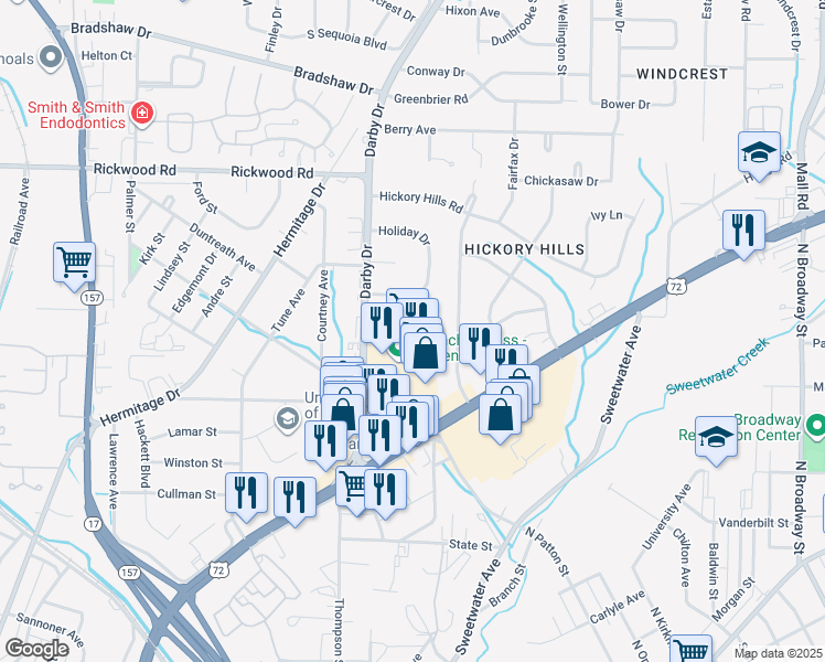 map of restaurants, bars, coffee shops, grocery stores, and more near 1846 Darby Drive in Florence