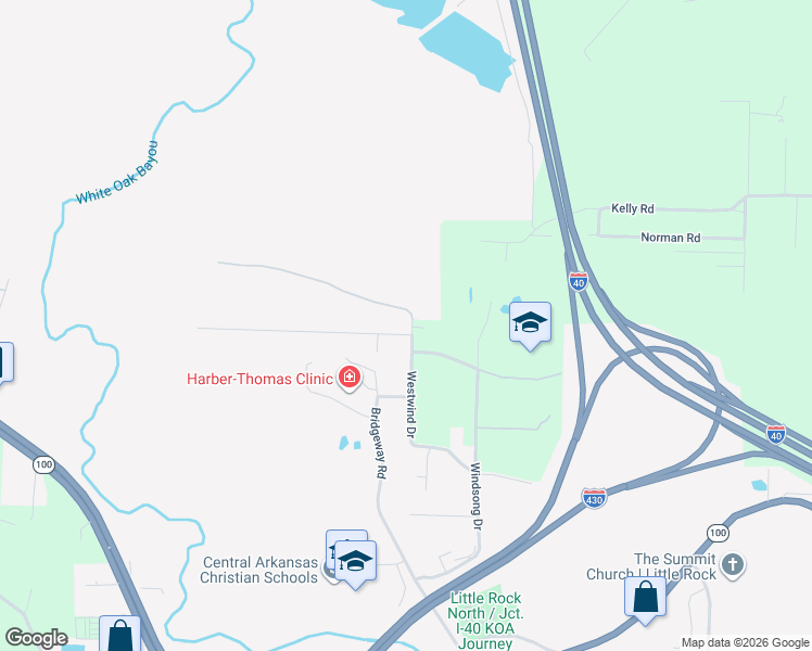 map of restaurants, bars, coffee shops, grocery stores, and more near 7701 Bayou Road in Maumelle