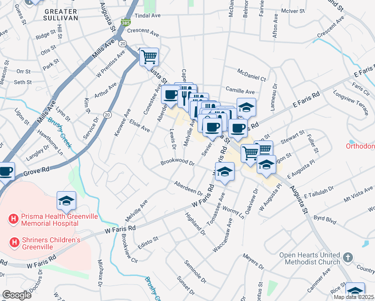 map of restaurants, bars, coffee shops, grocery stores, and more near 41 Melville Avenue in Greenville