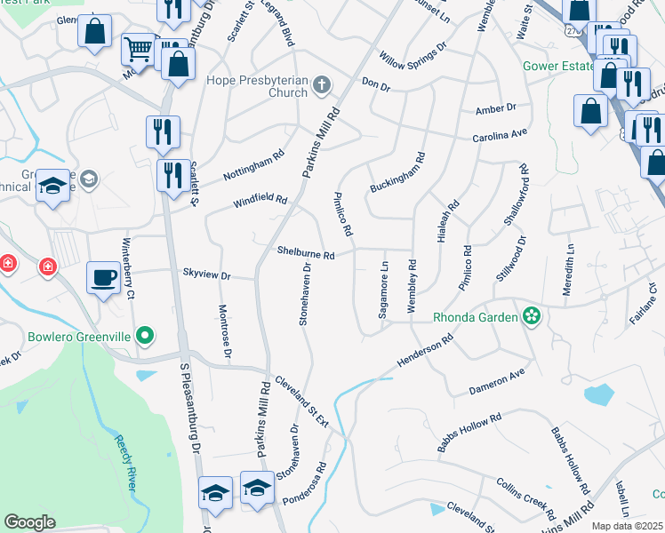 map of restaurants, bars, coffee shops, grocery stores, and more near 102 Shelburne Road in Greenville