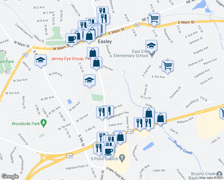 map of restaurants, bars, coffee shops, grocery stores, and more near 113 Pendleton Court in Easley