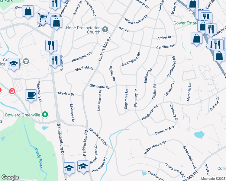 map of restaurants, bars, coffee shops, grocery stores, and more near 102 Shelburne Road in Greenville