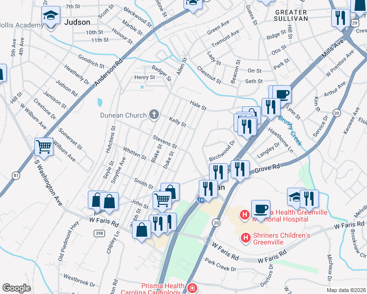 map of restaurants, bars, coffee shops, grocery stores, and more near 30 Duke Street in Greenville