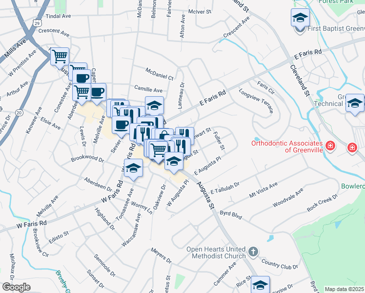 map of restaurants, bars, coffee shops, grocery stores, and more near 204 Stewart Street in Greenville