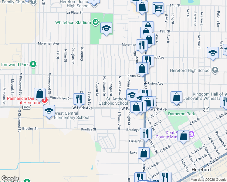 map of restaurants, bars, coffee shops, grocery stores, and more near 123 North Texas Street in Hereford