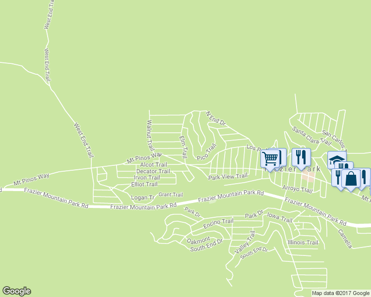 map of restaurants, bars, coffee shops, grocery stores, and more near Elm Trail in Frazier Park