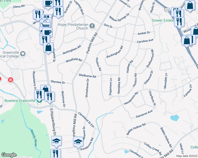 map of restaurants, bars, coffee shops, grocery stores, and more near 102 Shelburne Road in Greenville