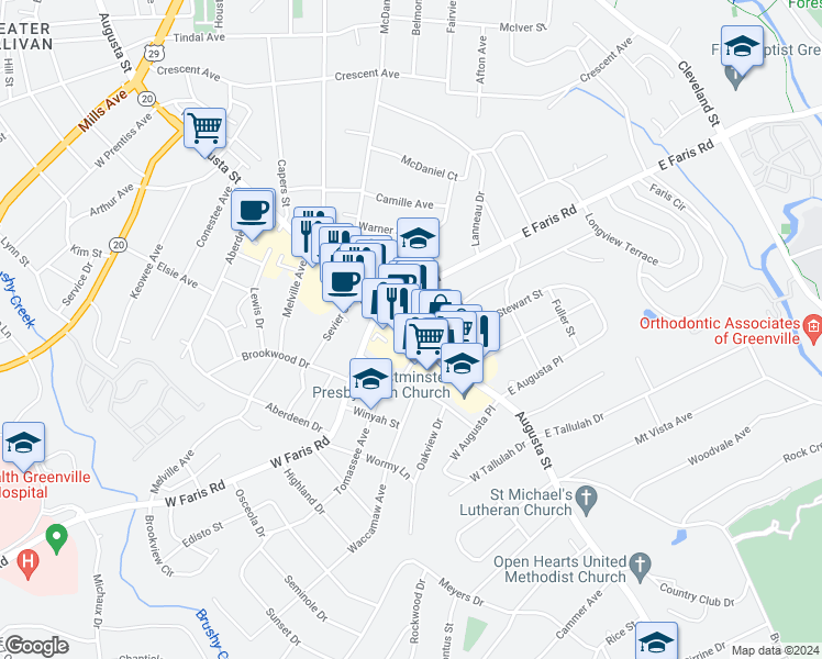 map of restaurants, bars, coffee shops, grocery stores, and more near 2125 Augusta Street in Greenville