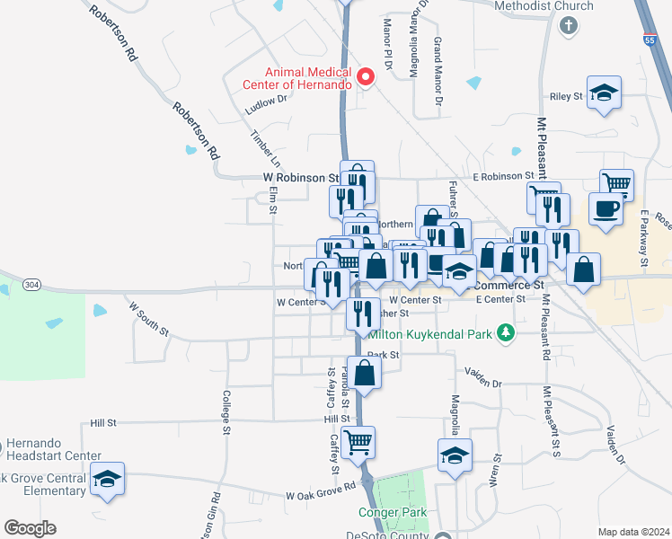 map of restaurants, bars, coffee shops, grocery stores, and more near 2446 Caffey Street in Hernando