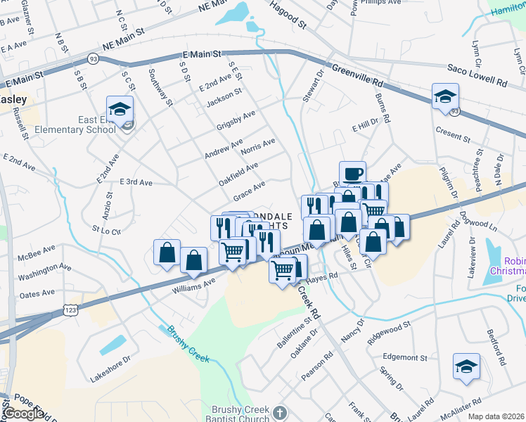 map of restaurants, bars, coffee shops, grocery stores, and more near 113 Avalon Circle in Easley