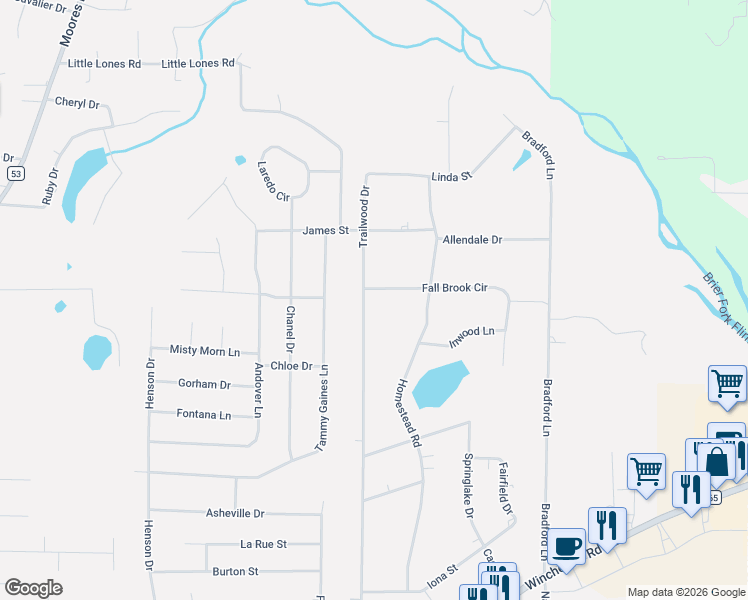 map of restaurants, bars, coffee shops, grocery stores, and more near 6318 Trailwood Drive in Huntsville