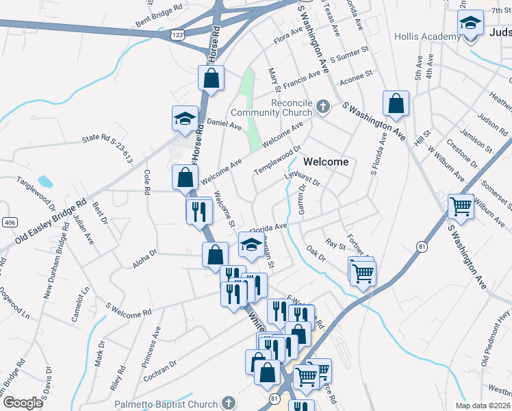 map of restaurants, bars, coffee shops, grocery stores, and more near 10 Templewood Drive in Greenville