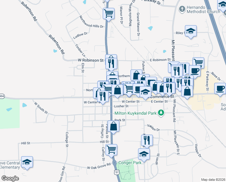 map of restaurants, bars, coffee shops, grocery stores, and more near 2450 U.S. 51 in Hernando