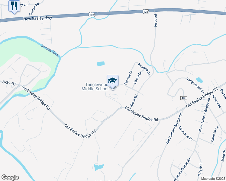 map of restaurants, bars, coffee shops, grocery stores, and more near 44 Merriwoods Drive in Greenville