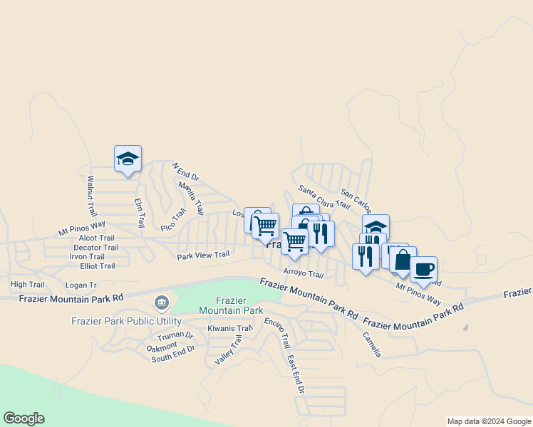 map of restaurants, bars, coffee shops, grocery stores, and more near Escolon Trail in Frazier Park