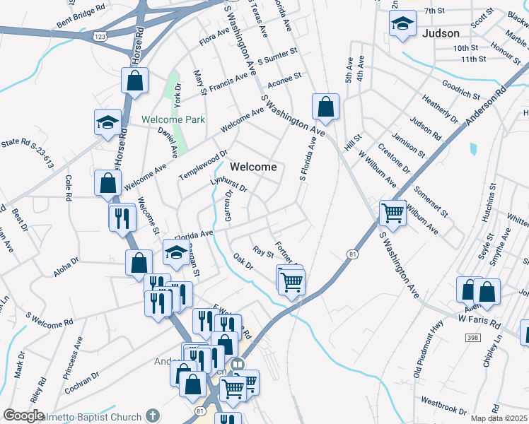 map of restaurants, bars, coffee shops, grocery stores, and more near 38 Lynhurst Drive in Greenville