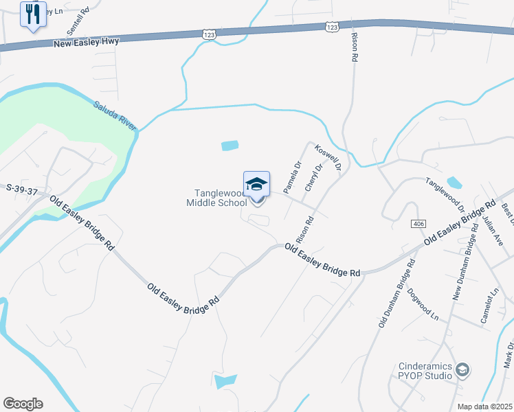 map of restaurants, bars, coffee shops, grocery stores, and more near 44 Merriwoods Drive in Greenville