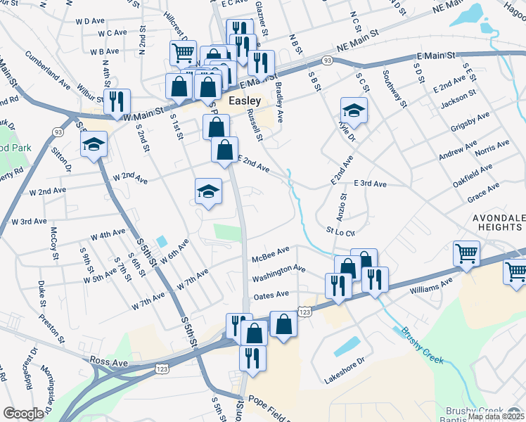 map of restaurants, bars, coffee shops, grocery stores, and more near 113 Pendleton Court in Easley