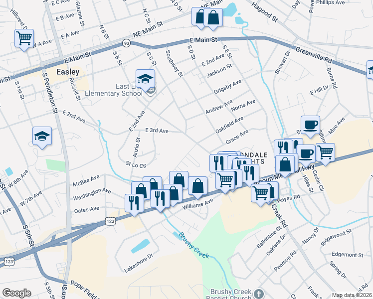 map of restaurants, bars, coffee shops, grocery stores, and more near 104 Parkway Drive in Easley