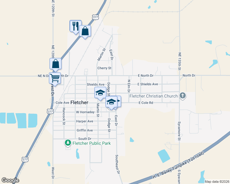 map of restaurants, bars, coffee shops, grocery stores, and more near 103 Northeast Drive in Fletcher