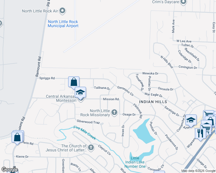 map of restaurants, bars, coffee shops, grocery stores, and more near 1209 Talihana Drive in North Little Rock