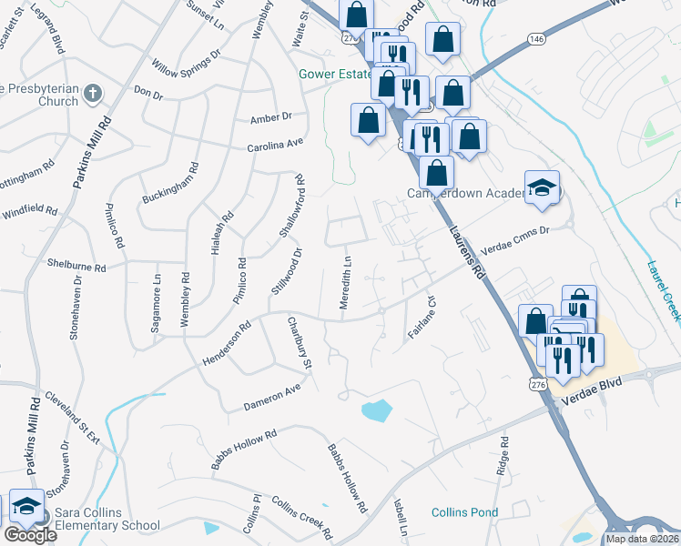 map of restaurants, bars, coffee shops, grocery stores, and more near 5 Cloudless Circle in Greenville