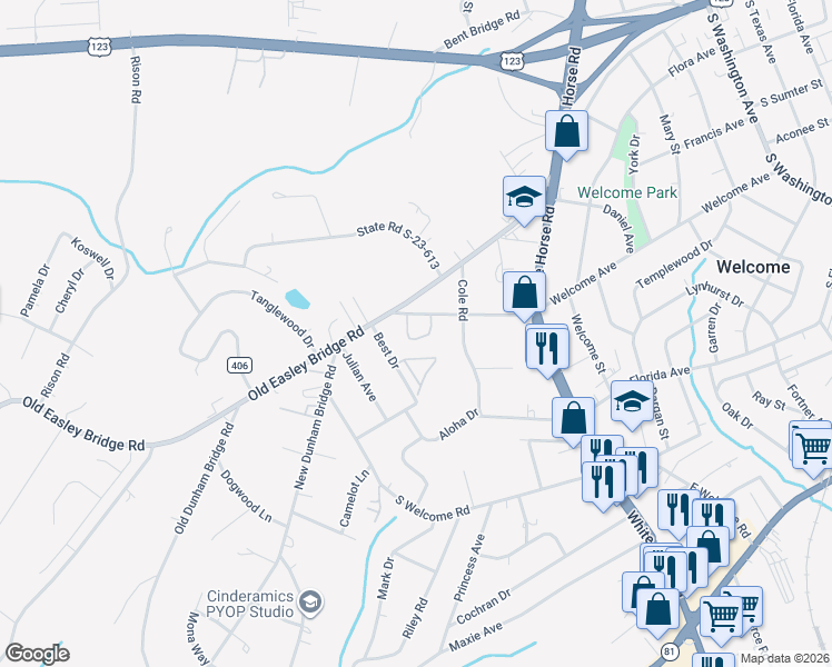 map of restaurants, bars, coffee shops, grocery stores, and more near 715 Welcome Avenue Extension in Greenville