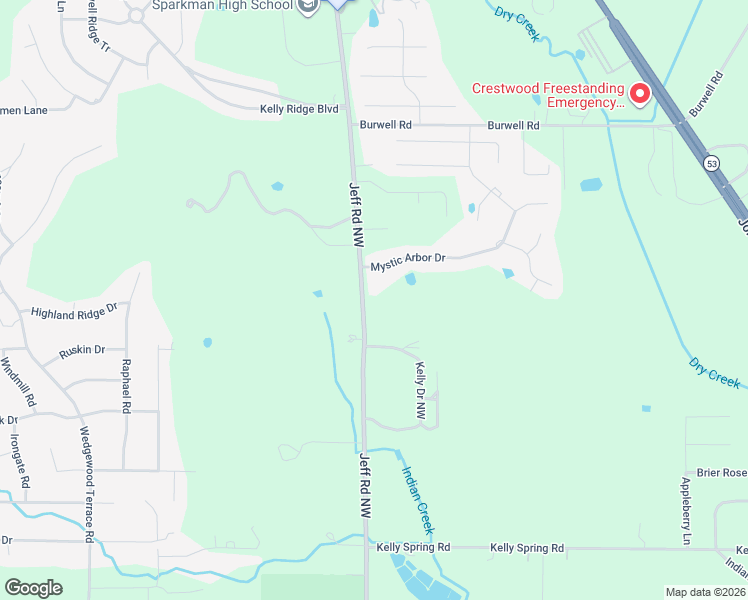 map of restaurants, bars, coffee shops, grocery stores, and more near 2319 Jeff Road Northwest in Harvest