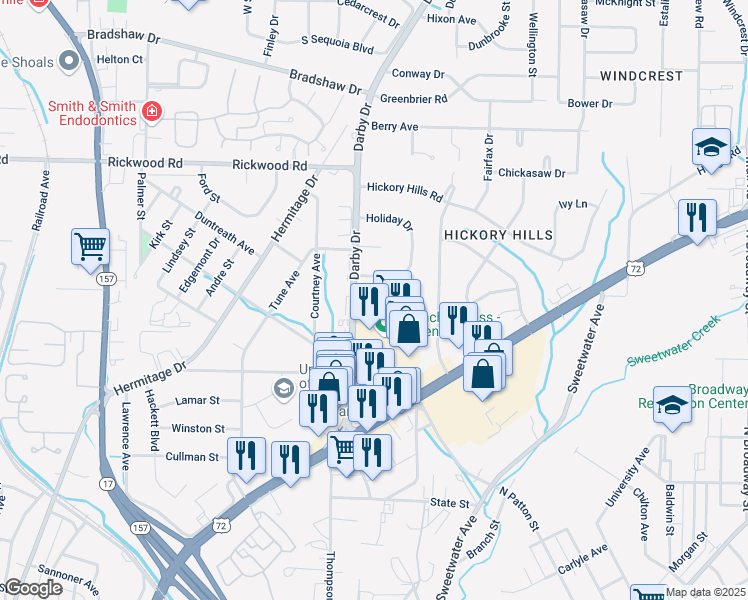 map of restaurants, bars, coffee shops, grocery stores, and more near 1850 Darby Drive in Florence