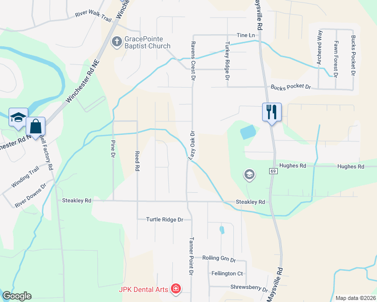 map of restaurants, bars, coffee shops, grocery stores, and more near 122 Lazy Oak Drive in New Market