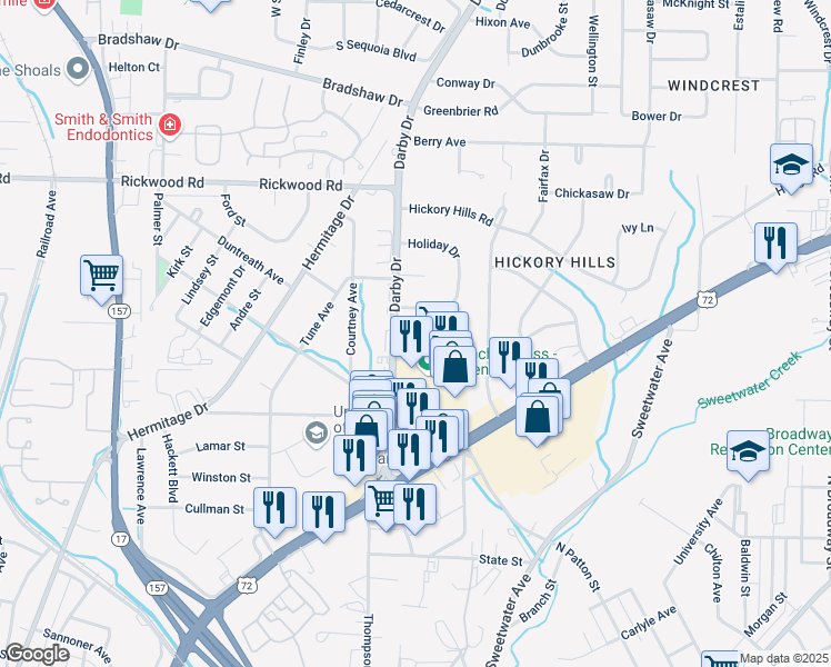 map of restaurants, bars, coffee shops, grocery stores, and more near 1850 Darby Drive in Florence