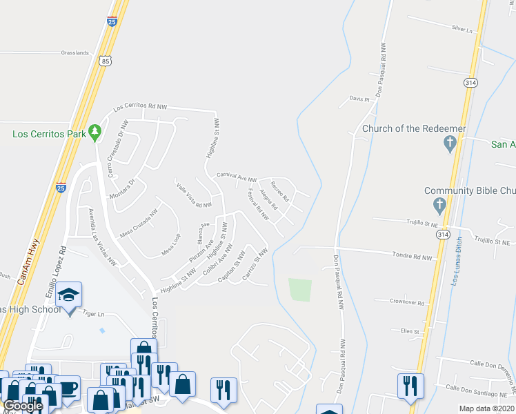 map of restaurants, bars, coffee shops, grocery stores, and more near 1160 Festival Road in Los Lunas