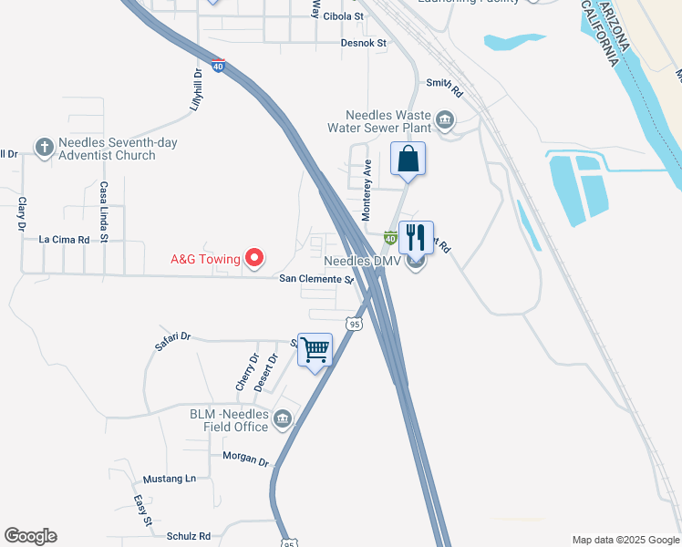 map of restaurants, bars, coffee shops, grocery stores, and more near 310 San Clemente Street in Needles