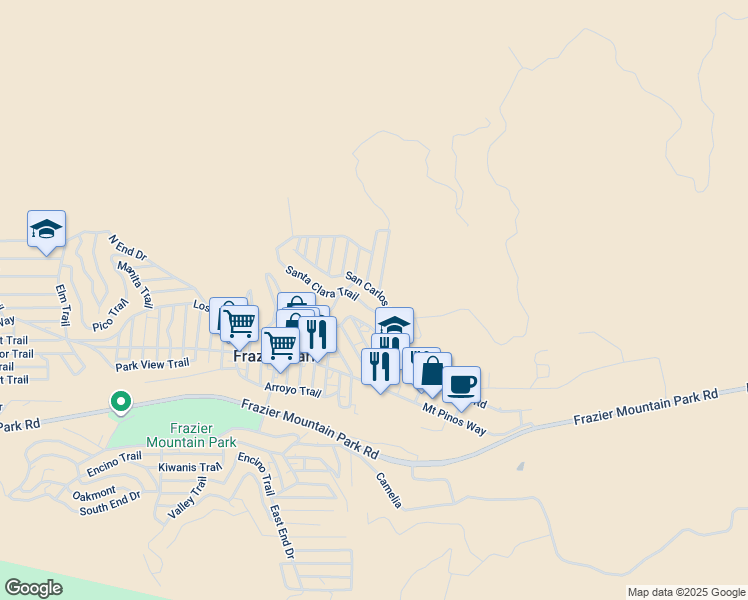 map of restaurants, bars, coffee shops, grocery stores, and more near 3328 San Carlos Trail in Frazier Park