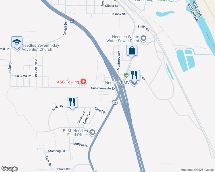 map of restaurants, bars, coffee shops, grocery stores, and more near 310 San Clemente Street in Needles