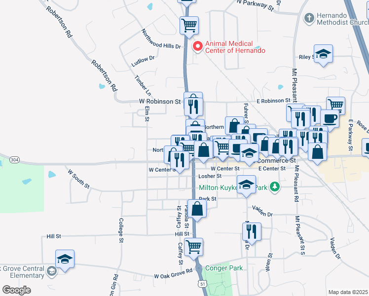 map of restaurants, bars, coffee shops, grocery stores, and more near 2446 Caffey Street in Hernando