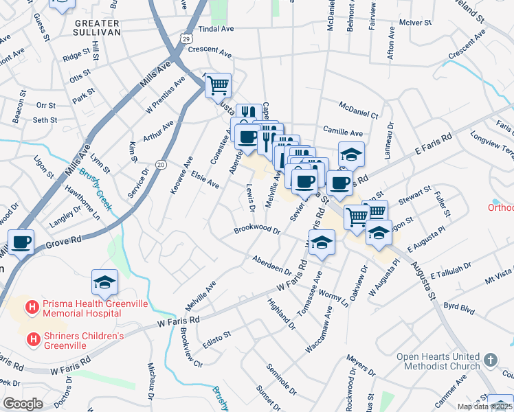 map of restaurants, bars, coffee shops, grocery stores, and more near 211 Brookwood Drive in Greenville