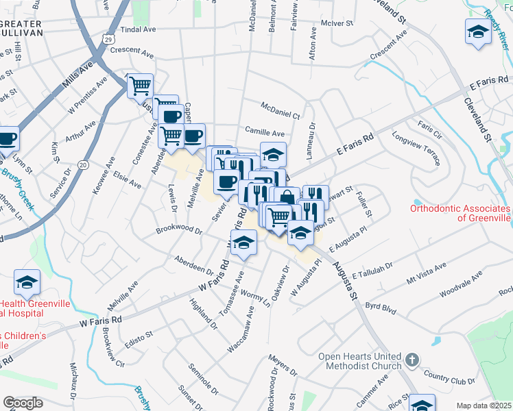 map of restaurants, bars, coffee shops, grocery stores, and more near 2125 Augusta Street in Greenville
