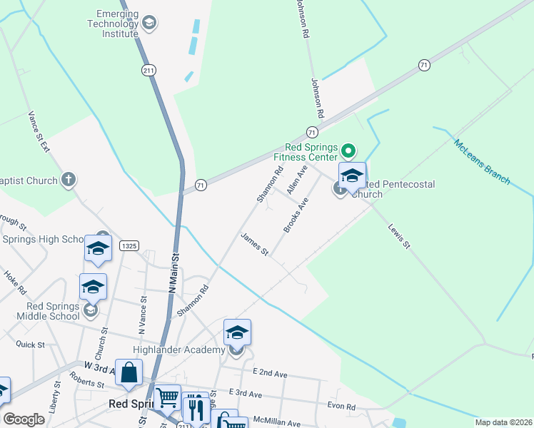map of restaurants, bars, coffee shops, grocery stores, and more near 101 James Street in Red Springs