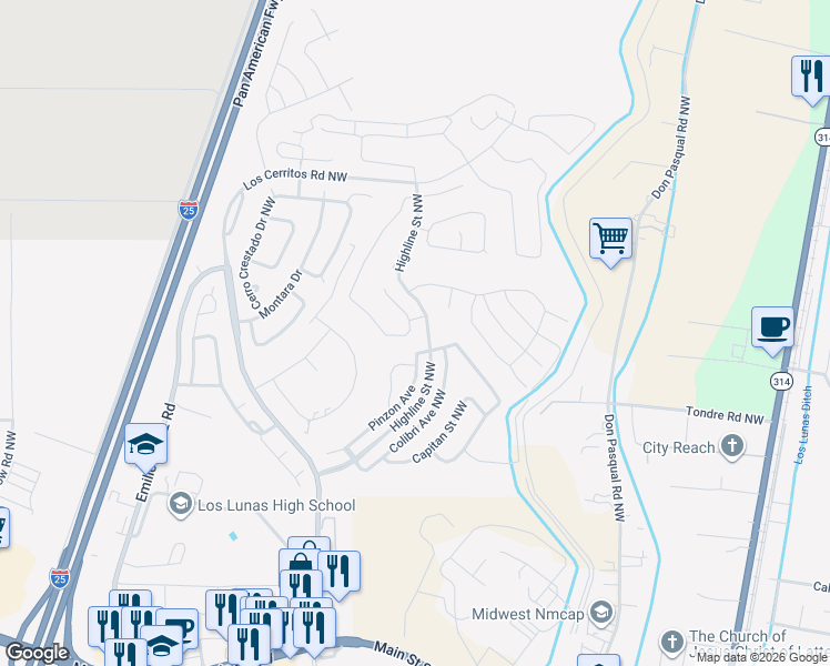 map of restaurants, bars, coffee shops, grocery stores, and more near 1300 Colibri Avenue Northwest in Los Lunas