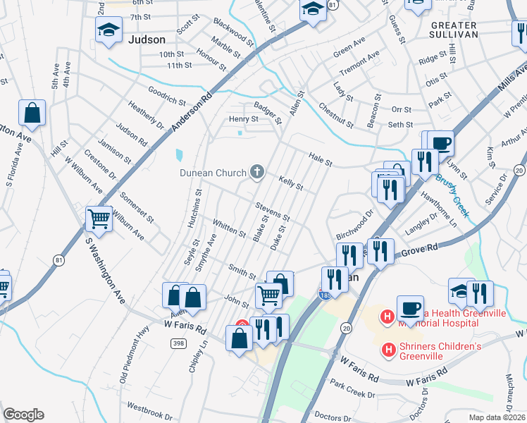 map of restaurants, bars, coffee shops, grocery stores, and more near 29 Blake Street in Greenville