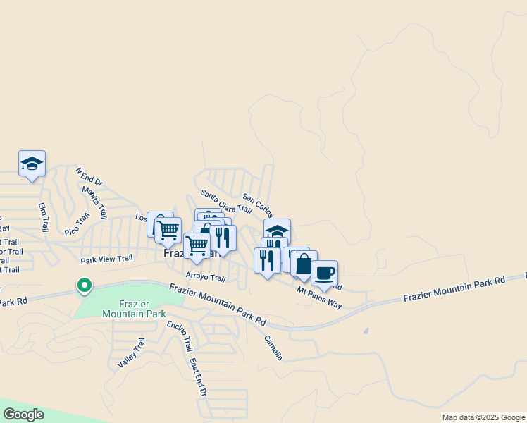 map of restaurants, bars, coffee shops, grocery stores, and more near 3328 San Carlos Trail in Frazier Park
