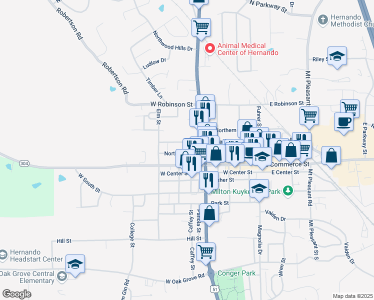 map of restaurants, bars, coffee shops, grocery stores, and more near 2446 Caffey Street in Hernando