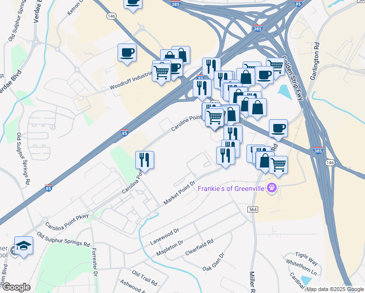 map of restaurants, bars, coffee shops, grocery stores, and more near 15 Carolina Point Parkway in Greenville