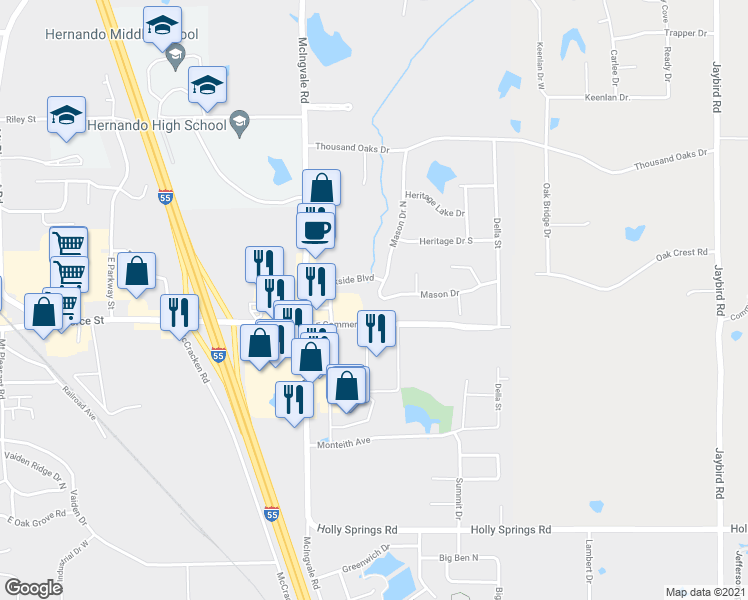 map of restaurants, bars, coffee shops, grocery stores, and more near 2447 Mason Drive in Hernando
