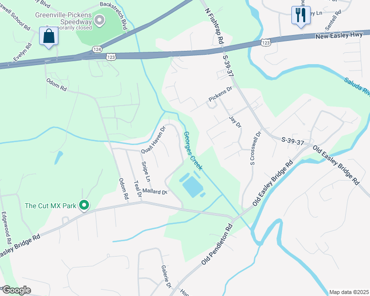 map of restaurants, bars, coffee shops, grocery stores, and more near 151 Quail Haven Drive in Easley