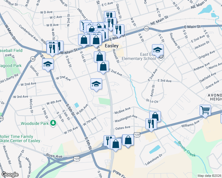 map of restaurants, bars, coffee shops, grocery stores, and more near 506 South Pendleton Street in Easley