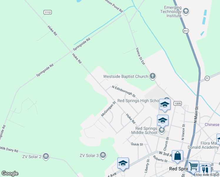 map of restaurants, bars, coffee shops, grocery stores, and more near 407 North Edinborough Street in Red Springs