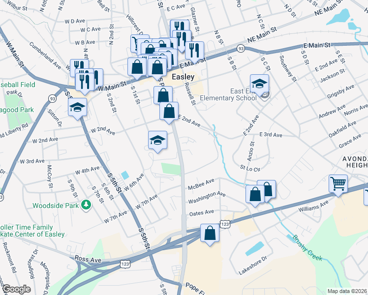 map of restaurants, bars, coffee shops, grocery stores, and more near 404 South Pendleton Street in Easley