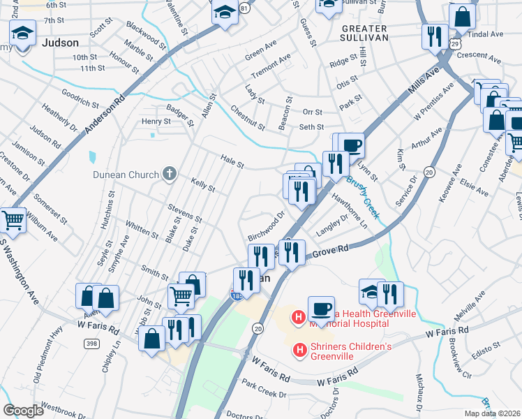 map of restaurants, bars, coffee shops, grocery stores, and more near 6 Chelsea Circle in Greenville
